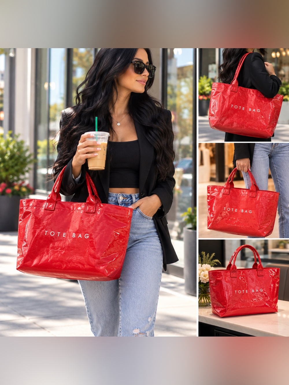 Red Glossy Quilted Tote Bag – “TOTE BAG” Statement Shopper